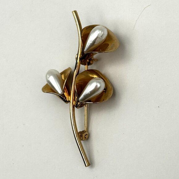 Vintage Beau Sterling Calla Lily Brooch Gold Vermeil Faux Pearl Flower Pin - Picture 10 of 10